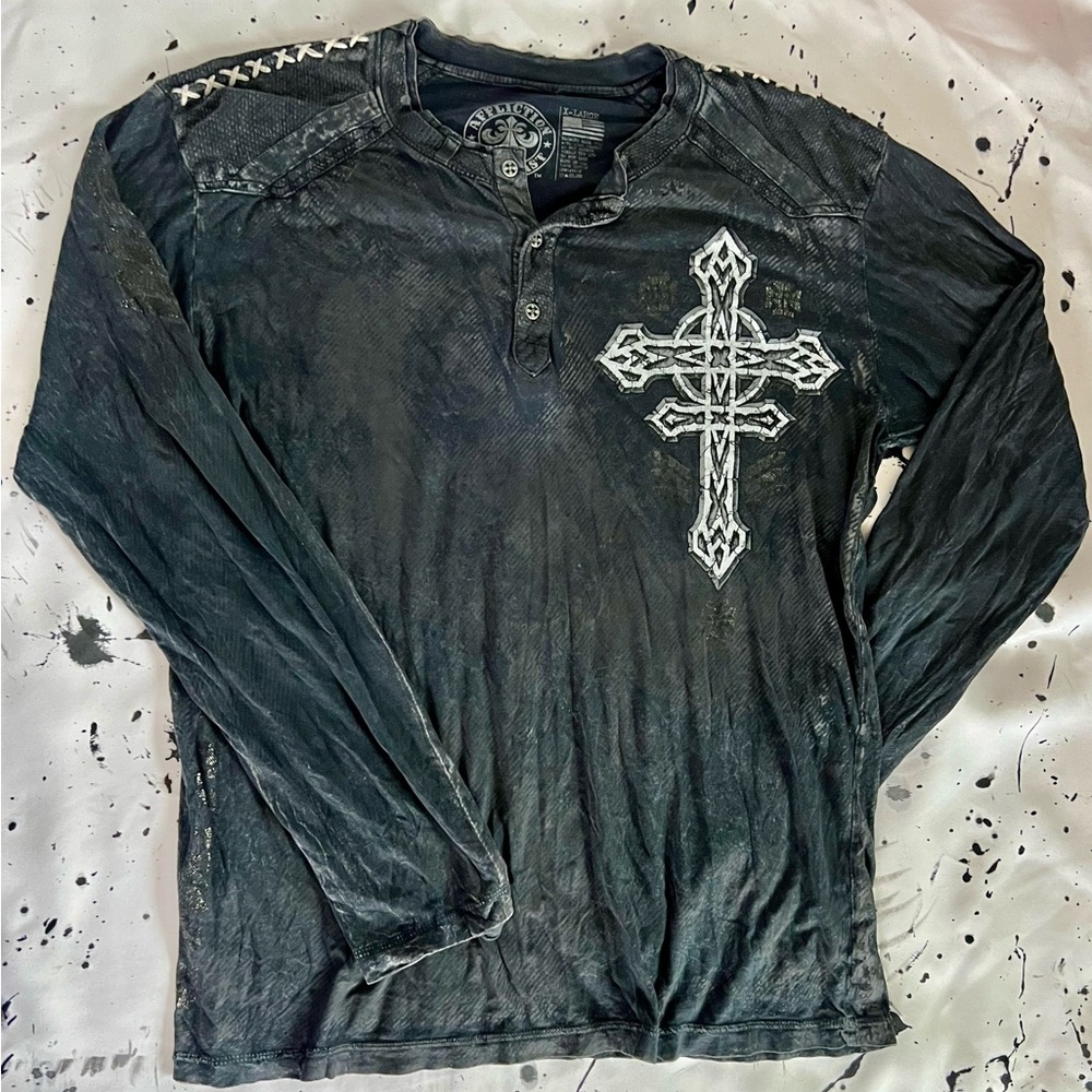 Affliction Vintage Charcoal Long Sleeve Shirt with Intricate Skull and Cross